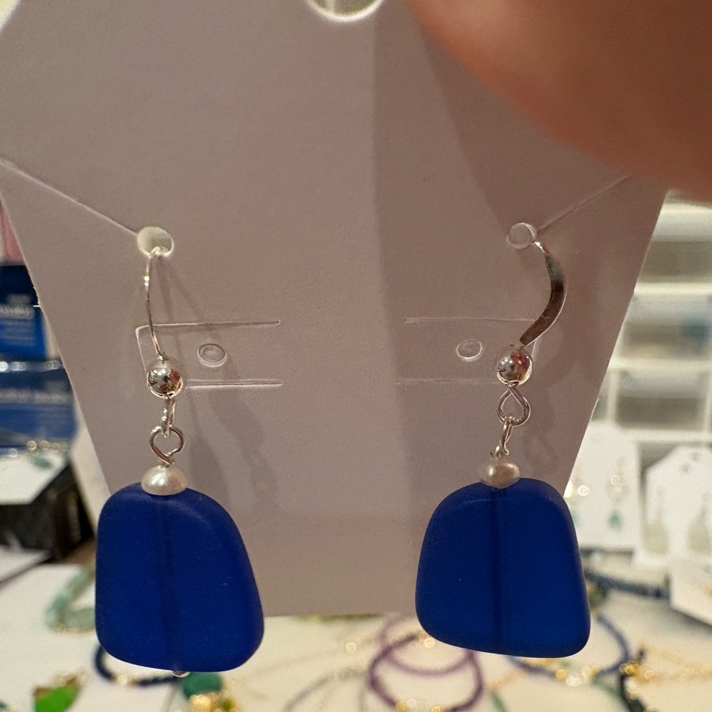 Cobalt Blue Sea Glass Dangle Earrings